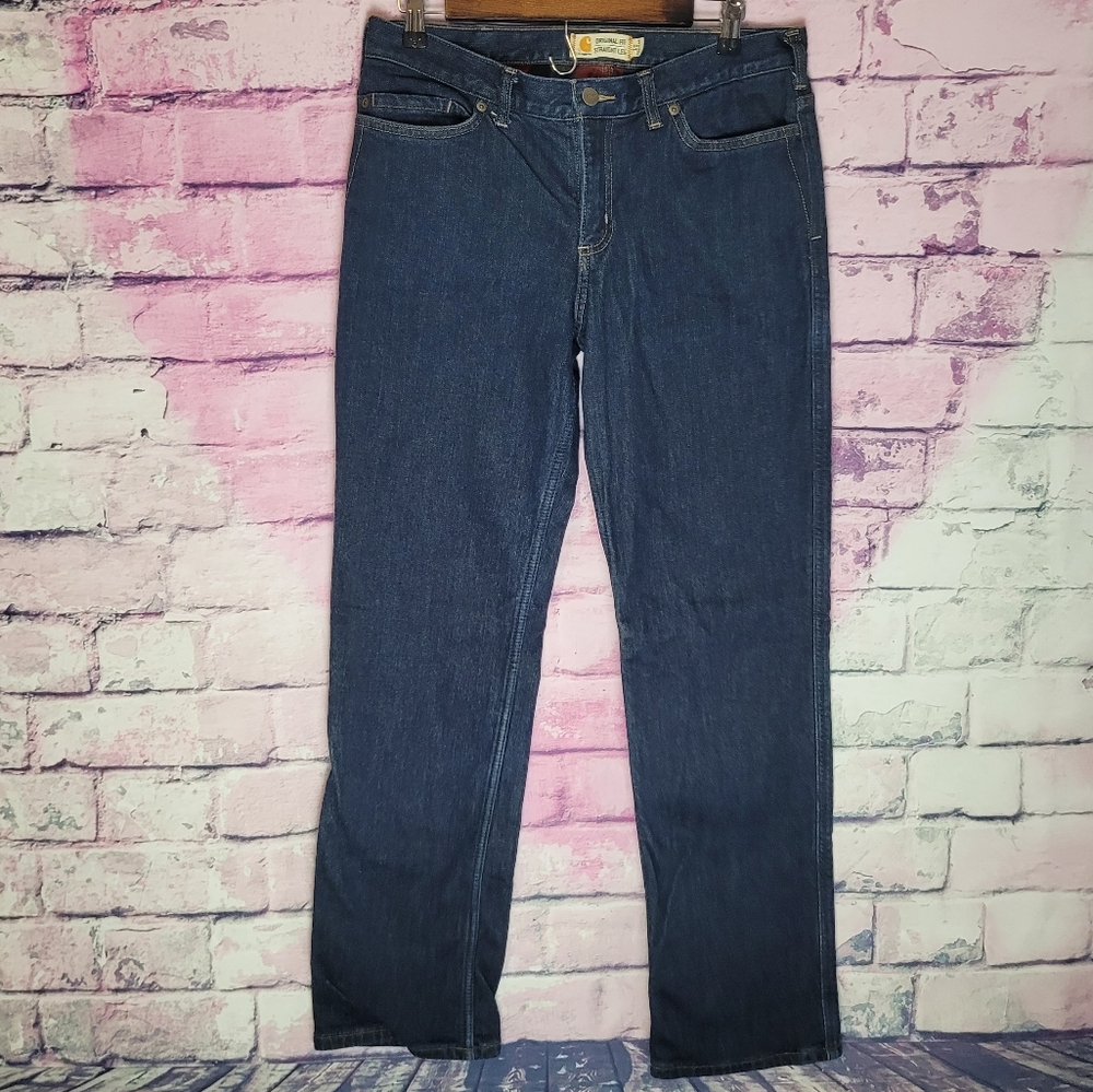 CARHARTT WOMENS ORIGINAL FIT STRAIGHT LEG FLANNEL LINED METALLIC DARK WASH JEANS
